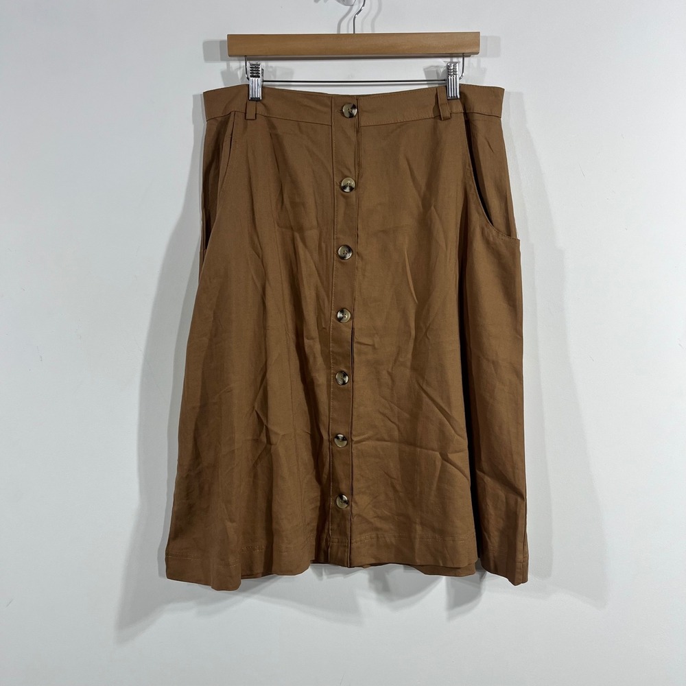 House of Bruar Old Money Preppy Brown Linen Button Front Midi Skirt Womens 16